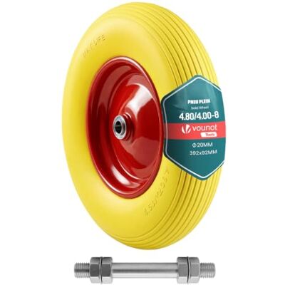 VOUNOT ® Lekvrij wiel, 4,80/4,00-8, van PU, kruiwagen, 392 x 92 mm, boring 20 mm, met meegeleverde as en kogellagers voor steekwagenwagen en tuinaanhanger, geel VOUNOT ® Lekvrij wiel, 4,80/4,00-8, van PU, kruiwagen, 392 x 92 mm, boring 20 mm, met meegeleverde as en kogellagers voor steekwagenwagen en tuinaanhanger, geel