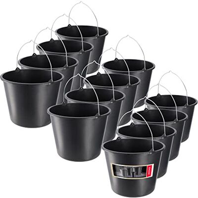 KADAX Bouwemmer met handvat, 16 liter, ronde mortelemmer van kunststof, bouwplaats en tuin, waterbak, stevige cementemmer met gegoten rand, zwart, schoonmaakbak, mortelkuip (12) KADAX Bouwemmer met handvat, 16 liter, ronde mortelemmer van kunststof, bouwplaats en tuin, waterbak, stevige cementemmer met gegoten rand, zwart, schoonmaakbak, mortelkuip (12)