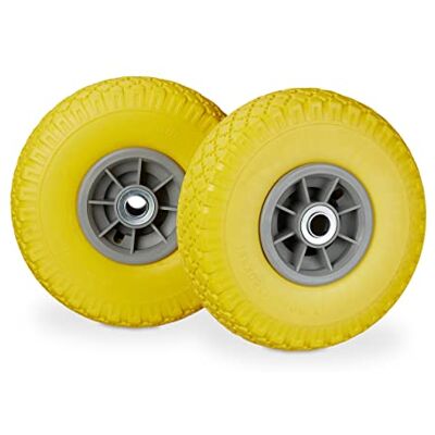 Relaxdays Kruiwagenwielen, 2 stuks, massief rubber, 3,00-4 inch, as 20 mm, tot 80 kg, 260 x 85 mm, geel/grijs Relaxdays Kruiwagenwielen, 2 stuks, massief rubber, 3,00-4 inch, as 20 mm, tot 80 kg, 260 x 85 mm, geel/grijs