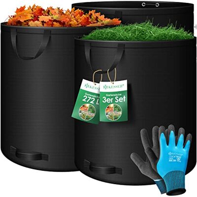 KESSER ® Set van 3 tuinzakken van 272 liter met handschoenen, vrijstaand, 4 handgrepen, robuust en opvouwbaar, voor het snijden van gazon, tuinafval, groene, zwart KESSER ® Set van 3 tuinzakken van 272 liter met handschoenen, vrijstaand, 4 handgrepen, robuust en opvouwbaar, voor het snijden van gazon, tuinafval, groene, zwart