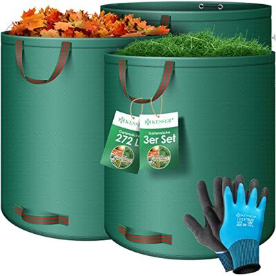 KESSER Set van 3 tuinzakken van 272 liter met handschoenen, vrijstaand, 4 handgrepen, robuust en opvouwbaar, voor tuinafval, groen KESSER Set van 3 tuinzakken van 272 liter met handschoenen, vrijstaand, 4 handgrepen, robuust en opvouwbaar, voor tuinafval, groen