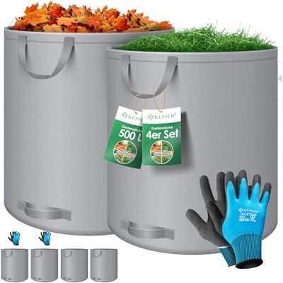 KESSER Tuinzakken, 4 stuks, 500 liter, met handschoenen, vrijstaand, 4 handgrepen, robuust en opvouwbaar, voor het snijden van gazon, tuinafval, groen (grijs) KESSER Tuinzakken, 4 stuks, 500 liter, met handschoenen, vrijstaand, 4 handgrepen, robuust en opvouwbaar, voor het snijden van gazon, tuinafval, groen (grijs)