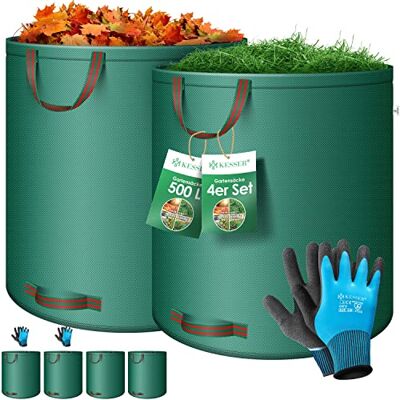 KESSER ® Tuinzakken, 4 stuks, 500 liter, met handschoenen, vrijstaand, 4 handgrepen, robuust en opvouwbaar, voor het snijden van gazon, tuinafval, groen KESSER ® Tuinzakken, 4 stuks, 500 liter, met handschoenen, vrijstaand, 4 handgrepen, robuust en opvouwbaar, voor het snijden van gazon, tuinafval, groen