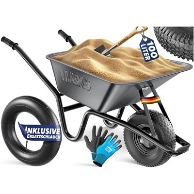 Masko ® Bouwkruiwagen, tuinkruiwagen, 100 liter, 250 kg, luchtbanden met stalen velg + reserveslang, verzinkt stalen frame, tuinwagen, transportwagen, handschoenen Masko ® Bouwkruiwagen, tuinkruiwagen, 100 liter, 250 kg, luchtbanden met stalen velg + reserveslang, verzinkt stalen frame, tuinwagen, transportwagen, handschoenen