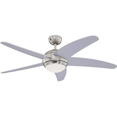 Westinghouse 132 cm plafondventilator Bendan 72220 met enkele lamp en vijf vleugels, uitvoering in zijdemat chroom met opaalmelkglas Westinghouse 132 cm plafondventilator Bendan 72220 met enkele lamp en vijf vleugels, uitvoering in zijdemat chroom met opaalmelkglas