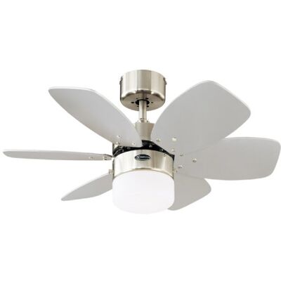 Westinghouse 76 cm plafondventilator Flora Royale 788 met enkele lamp en zes vleugels, uitvoering in zijdemat chroom met opaalmelkglas Westinghouse 76 cm plafondventilator Flora Royale 788 met enkele lamp en zes vleugels, uitvoering in zijdemat chroom met opaalmelkglas