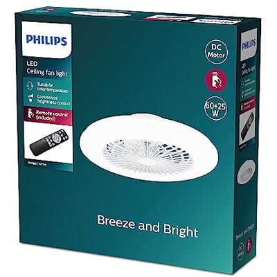 Philips Amigo Ventilator, energiezuinige ledverlichting, plafondlamp Ronde plafondlamp, geïntegreerde ventilator met 6 snelheden, led wit, 3 intensiteiten, licht 20 W, ventilator 40 W Philips Amigo Ventilator, energiezuinige ledverlichting, plafondlamp Ronde plafondlamp, geïntegreerde ventilator met 6 snelheden, led wit, 3 intensiteiten, licht 20 W, ventilator 40 W