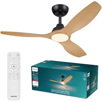 Philips Olas Plafondventilator met ledlicht, 3 bladen, 132 cm diameter, 2650 lumen, wit licht, verstelbaar van 3000 tot 6500 K, variabel tot 5%, met afstandsbediening, zwart/hout Philips Olas Plafondventilator met ledlicht, 3 bladen, 132 cm diameter, 2650 lumen, wit licht, verstelbaar van 3000 tot 6500 K, variabel tot 5%, met afstandsbediening, zwart/hout