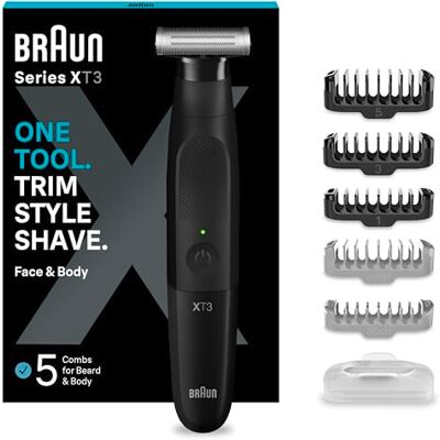 Braun Series XT3 XT3200 Elektrisch scheerapparaat voor gezicht en lichaam, 7 accessoires, scheerapparaat met gevoelige kam, 45 min batterij, waterdicht, zwart Braun Series XT3 XT3200 Elektrisch scheerapparaat voor gezicht en lichaam, 7 accessoires, scheerapparaat met gevoelige kam, 45 min batterij, waterdicht, zwart