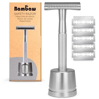Bambaw Scheerapparaat, zilverkleurig, met standaard, veiligheidsscheerapparaat van metaal, scheerapparaat voor dames en heren, zero afval, mechanisch scheerapparaat, handmatige scheerbeurt, Bambaw Scheerapparaat, zilverkleurig, met standaard, veiligheidsscheerapparaat van metaal, scheerapparaat voor dames en heren, zero afval, mechanisch scheerapparaat, handmatige scheerbeurt,