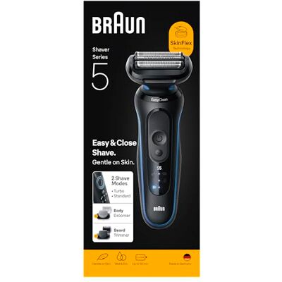 Procter & Gamble Braun Series 5 52-B1650s Elektrisch scheerapparaat voor heren met 50 minuten looptijd + 2 opzetstukken, draadloos scheerapparaat voor heren, gemaakt in Duitsland, waterdicht, blauw Procter & Gamble Braun Series 5 52-B1650s Elektrisch scheerapparaat voor heren met 50 minuten looptijd + 2 opzetstukken, draadloos scheerapparaat voor heren, gemaakt in Duitsland, waterdicht, blauw