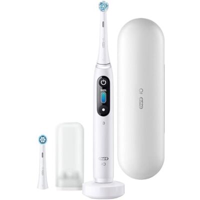 Oral-B IO 8 Elektrische tandenborstel met magneettechnologie en 2 borstels, 6 poetsmodi voor tandverzorging, kleurendisplay en reisetui, ontworpen door bruin, albastwit Oral-B IO 8 Elektrische tandenborstel met magneettechnologie en 2 borstels, 6 poetsmodi voor tandverzorging, kleurendisplay en reisetui, ontworpen door bruin, albastwit