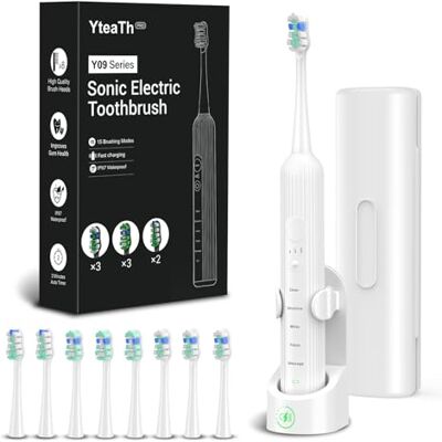 YTEATH PRO Elektrische sonische tandenborstel voor volwassenen en kinderen, 5 poetsmodi, 3 intensiteitsniveaus, timer, 8 reserveborstelkoppen, reisetui, oplaadbaar, Sonic Toothbrush wit YTEATH PRO Elektrische sonische tandenborstel voor volwassenen en kinderen, 5 poetsmodi, 3 intensiteitsniveaus, timer, 8 reserveborstelkoppen, reisetui, oplaadbaar, Sonic Toothbrush wit