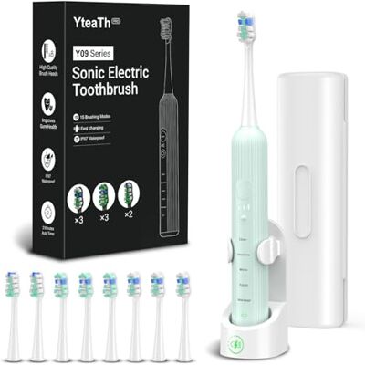 YTEATH PRO Elektrische sonische tandenborstel voor volwassenen en kinderen, 5 poetsmodi, 3 intensiteitsniveaus, timer, 8 reserveborstelkoppen, reisetui, oplaadbaar, Sonic Toothbrush zwart YTEATH PRO Elektrische sonische tandenborstel voor volwassenen en kinderen, 5 poetsmodi, 3 intensiteitsniveaus, timer, 8 reserveborstelkoppen, reisetui, oplaadbaar, Sonic Toothbrush zwart