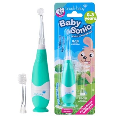 Brush-Baby Brosse à dents électrique BabySonic pour bébés/nourrissons Stade 2 Premières dents 0-36 mois Voyant, vibrations, minuteur 2 min., base à ventouse Livrée avec 2 têtes et 1 pile AAA Brush-Baby Brosse à dents électrique BabySonic pour bébés/nourrissons Stade 2 Premières dents 0-36 mois Voyant, vibrations, minuteur 2 min., base à ventouse Livrée avec 2 têtes et 1 pile AAA