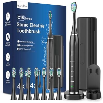 COULAX Sonic Elektrische sonische tandenborstel Reistandenborstel Elektrische tandenborstel Met 8 koppen, 5 modi Timer Zwart COULAX Sonic Elektrische sonische tandenborstel Reistandenborstel Elektrische tandenborstel Met 8 koppen, 5 modi Timer Zwart