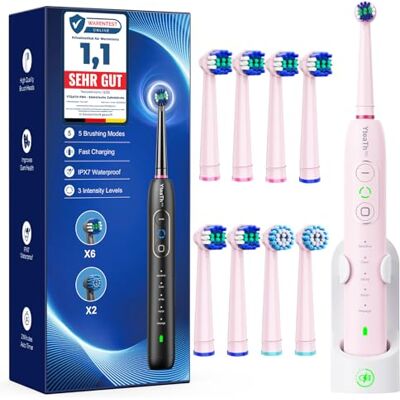 YTEATH PRO Elektrische roterende tandenborstels voor volwassenen en kinderen met 8 opzetborstels (2 soorten), 3 intensiteiten, 5 modi, elektrische tandenborstel met wandhouder, 2 minuten oplaadstation YTEATH PRO Elektrische roterende tandenborstels voor volwassenen en kinderen met 8 opzetborstels (2 soorten), 3 intensiteiten, 5 modi, elektrische tandenborstel met wandhouder, 2 minuten oplaadstation