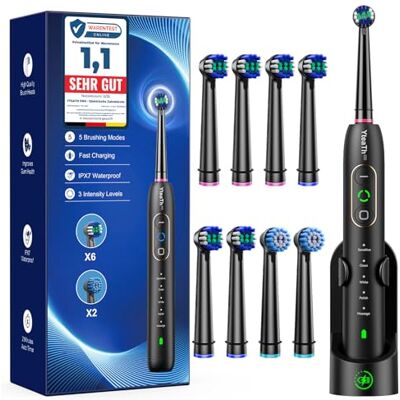 YTEATH PRO Elektrische roterende tandenborstels voor volwassenen en kinderen met 8 opzetborstels (2 soorten), 3 intensiteiten, 5 modi, elektrische tandenborstel met wandhouder, 2 minuten oplaadstation YTEATH PRO Elektrische roterende tandenborstels voor volwassenen en kinderen met 8 opzetborstels (2 soorten), 3 intensiteiten, 5 modi, elektrische tandenborstel met wandhouder, 2 minuten oplaadstation