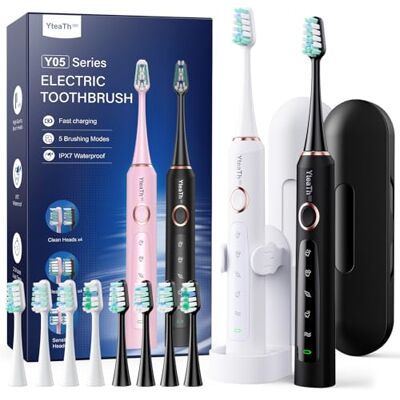 YTEATH PRO Set van 2 elektrische sonische tandenborstels voor volwassenen en kinderen, elektrische tandenborstel met 8 borstelkoppen en 5 gebruiksduurmodi, intelligente timer van 2 minuten, reisetui YTEATH PRO Set van 2 elektrische sonische tandenborstels voor volwassenen en kinderen, elektrische tandenborstel met 8 borstelkoppen en 5 gebruiksduurmodi, intelligente timer van 2 minuten, reisetui