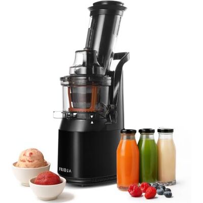 Fridja Groente- en fruitsap, langzaam kauwen, langzaam sap, vers en gezond sap, sorbet, ijs, mond 75 mm, BPA-vrij, 240 W, koude druk, roestvrij staal, zwart f1900 Fridja Groente- en fruitsap, langzaam kauwen, langzaam sap, vers en gezond sap, sorbet, ijs, mond 75 mm, BPA-vrij, 240 W, koude druk, roestvrij staal, zwart f1900