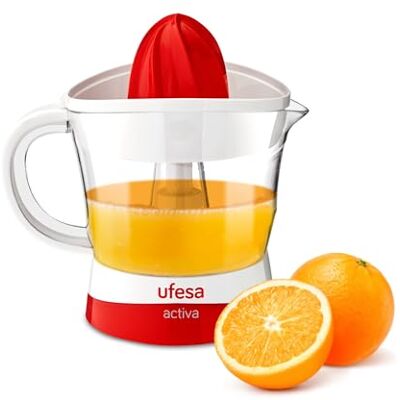 Ufesa EX4936 Elektrische citruspers met 2 verschillende maten, rotatie in beide richtingen, afneembaar en vaatwasmachinebestendig, 25 W / 0,7 liter, wit/rood Ufesa EX4936 Elektrische citruspers met 2 verschillende maten, rotatie in beide richtingen, afneembaar en vaatwasmachinebestendig, 25 W / 0,7 liter, wit/rood
