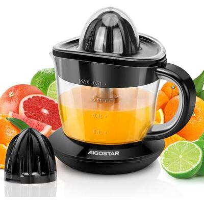 Aigostar Thomas Elektrische citruspers, 40 W, inhoud 0,7 l, BPA-vrij, sinaasappelsap, citroen, grapefruit, 2 verwisselbare kegels, druppelvrije uitloop, tweewegrotatie, zwart Aigostar Thomas Elektrische citruspers, 40 W, inhoud 0,7 l, BPA-vrij, sinaasappelsap, citroen, grapefruit, 2 verwisselbare kegels, druppelvrije uitloop, tweewegrotatie, zwart