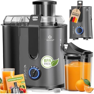 KESSER Sapcentrifuge voor fruit, groenten van roestvrij staal, 1100 W, grote toevoerbuis, 3 niveaus, elektrische citruspers, met borstel, sapcontainer, receptenboek KESSER Sapcentrifuge voor fruit, groenten van roestvrij staal, 1100 W, grote toevoerbuis, 3 niveaus, elektrische citruspers, met borstel, sapcontainer, receptenboek