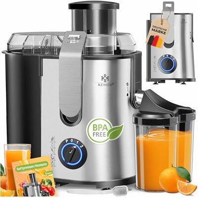 KESSER ® Sapcentrifuge voor groenten en fruit van roestvrij staal, 1100 W, grote vulopening, 85 mm, inclusief reinigingsborstel en sapreservoir met 3 snelheden KESSER ® Sapcentrifuge voor groenten en fruit van roestvrij staal, 1100 W, grote vulopening, 85 mm, inclusief reinigingsborstel en sapreservoir met 3 snelheden