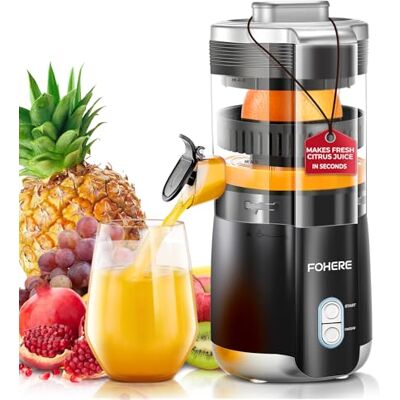 FOHERE Elektrische citruspers, automatisch, elektrisch, met 100 W stille motor, BPA-vrij, 2 perskegels voor citroen, appel, druiven en granaatappels, zwart FOHERE Elektrische citruspers, automatisch, elektrisch, met 100 W stille motor, BPA-vrij, 2 perskegels voor citroen, appel, druiven en granaatappels, zwart
