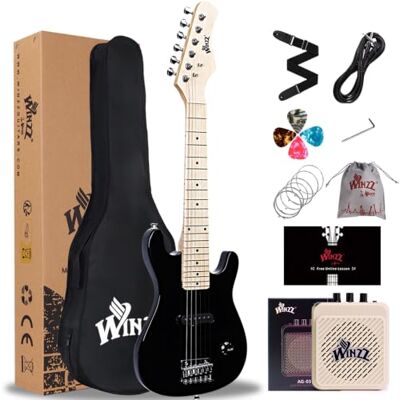 Winzz Elektrische mini-gitaar voor kinderen, 76 cm, esdoorn toets, elektrische gitaar voor beginners, met versterker, zwart Winzz Elektrische mini-gitaar voor kinderen, 76 cm, esdoorn toets, elektrische gitaar voor beginners, met versterker, zwart
