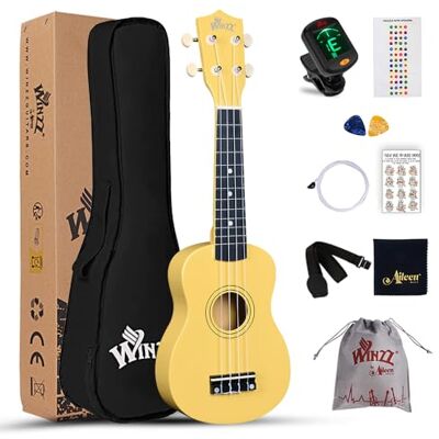 Winzz Starterset voor sopraanukelele voor beginners met tas, clip-on tuner, extra snaren, riem, plectrum, fretstickers, stemkaart, polijstdoek, geel Winzz Starterset voor sopraanukelele voor beginners met tas, clip-on tuner, extra snaren, riem, plectrum, fretstickers, stemkaart, polijstdoek, geel
