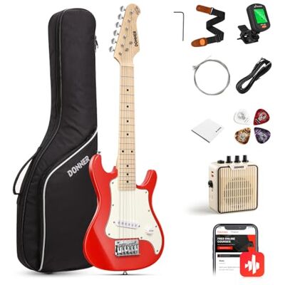 Donner Elektrische gitaarset voor beginners, ST stijl, 30 inch mini-gitaar met versterker, tuner, capodaster, tas, riem, touw, kabel (DSJ-100, rood) Donner Elektrische gitaarset voor beginners, ST stijl, 30 inch mini-gitaar met versterker, tuner, capodaster, tas, riem, touw, kabel (DSJ-100, rood)
