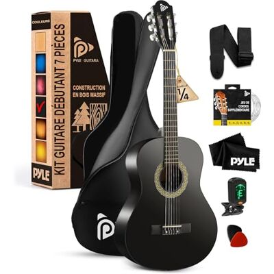 Pyle Beginner Akoestische Gitaar Set, 1/4 Junior Formaat, Volledig Houten Instrument voor Kinderen, Volwassenen, 76 cm Zwart Mat Pyle Beginner Akoestische Gitaar Set, 1/4 Junior Formaat, Volledig Houten Instrument voor Kinderen, Volwassenen, 76 cm Zwart Mat