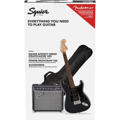 Fender Squier by Affinity HSS, Charcoal Frost Metallic, met versterker, elektrische gitaarset, inclusief gratis virtuele lessen op Play Fender Squier by Affinity HSS, Charcoal Frost Metallic, met versterker, elektrische gitaarset, inclusief gratis virtuele lessen op Play