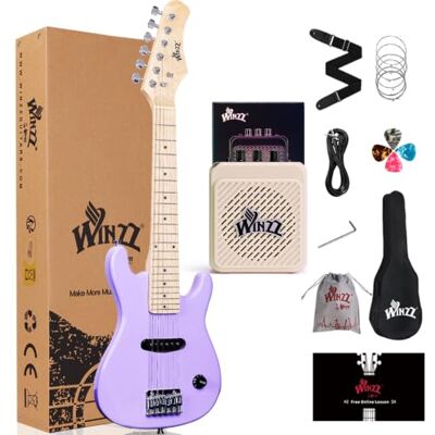 Winzz Elektrische gitaarset voor kinderen, 76,2 cm, elektrische mini-gitaar voor beginners met versterker, etui, extra snaren, plectrums, riem, kabel en sleutel, speciaal paars Winzz Elektrische gitaarset voor kinderen, 76,2 cm, elektrische mini-gitaar voor beginners met versterker, etui, extra snaren, plectrums, riem, kabel en sleutel, speciaal paars