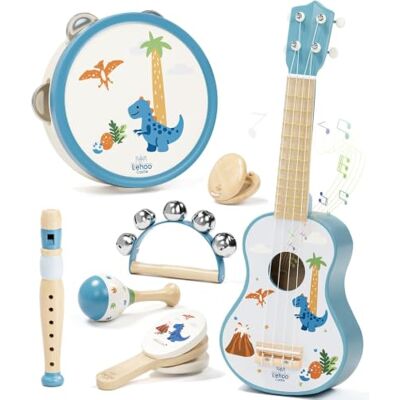 Lehoo Castle Montessori-gitaar voor kinderen, 2-3 jaar, met muziekinstrumenten, houten ukelele met tamboerijn, fluit, maracas en rammelaar, Montessori educatief speelgoed Lehoo Castle Montessori-gitaar voor kinderen, 2-3 jaar, met muziekinstrumenten, houten ukelele met tamboerijn, fluit, maracas en rammelaar, Montessori educatief speelgoed