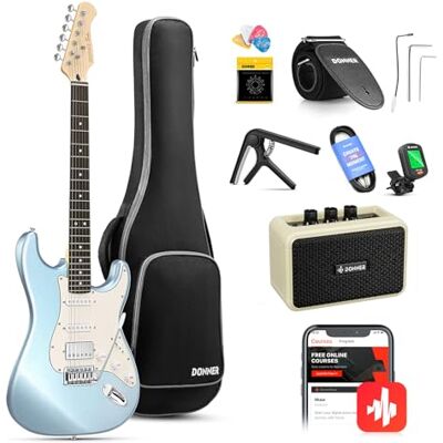 Donner DST-152R DST-152R Elektrische gitaarset voor beginners met versterker, tas, capodaster, riem, touw, tuner, kabel, plectrums, metallic ijsblauw Donner DST-152R DST-152R Elektrische gitaarset voor beginners met versterker, tas, capodaster, riem, touw, tuner, kabel, plectrums, metallic ijsblauw