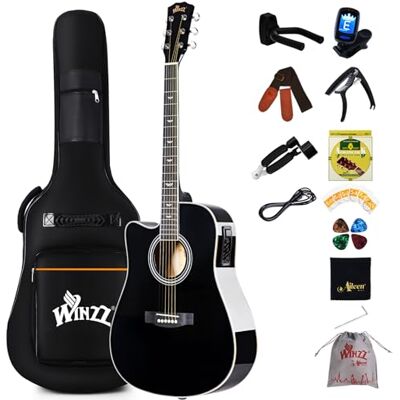 Winzz Elektro-akoestische gitaar 4/4 westerse gitaar voor linkshandigen voor volwassenen, beginners 104,1 cm met 4-bands equalizer (dreadnought, glanzend zwart) Winzz Elektro-akoestische gitaar 4/4 westerse gitaar voor linkshandigen voor volwassenen, beginners 104,1 cm met 4-bands equalizer (dreadnought, glanzend zwart)