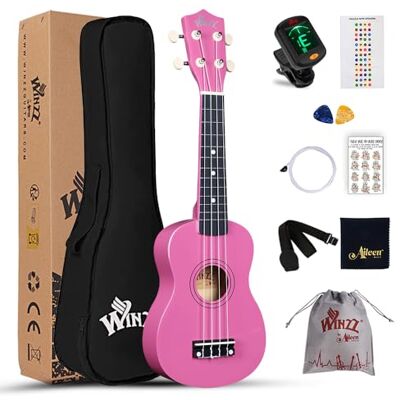 Winzz Sopraanukelele, 51 cm, voor volwassenen en kinderen, beginnersset van fuchsia hout met 9 accessoires, stickers voor toetsenbord en akkoordkaart Winzz Sopraanukelele, 51 cm, voor volwassenen en kinderen, beginnersset van fuchsia hout met 9 accessoires, stickers voor toetsenbord en akkoordkaart