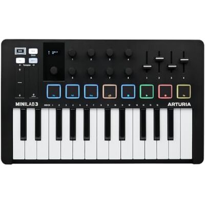 Arturia MiniLab 3 Universele MIDI-controller voor muziekproductie met all-in-one software 25 toetsen, 8 kleurrijke pads Zwart Arturia MiniLab 3 Universele MIDI-controller voor muziekproductie met all-in-one software 25 toetsen, 8 kleurrijke pads Zwart