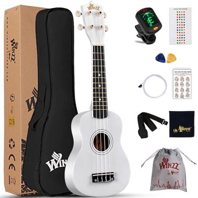 Winzz sopraan ukelele, starterset voor beginners, met zachte tas, afneembaar stemapparaat, extra snaren, plectrum, riem, fretsticker, akkoordenkaart, polijstdoek, wit Winzz sopraan ukelele, starterset voor beginners, met zachte tas, afneembaar stemapparaat, extra snaren, plectrum, riem, fretsticker, akkoordenkaart, polijstdoek, wit