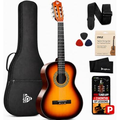 Pyle Klassieke akoestische gitaar 91,44 cm voor beginners, 3/4 junior gitaar van lindehout met 6 nylon snaren, tas, stemapparaat, plectrums, riem, voor beginners en volwassenen, SunBurst Pyle Klassieke akoestische gitaar 91,44 cm voor beginners, 3/4 junior gitaar van lindehout met 6 nylon snaren, tas, stemapparaat, plectrums, riem, voor beginners en volwassenen, SunBurst