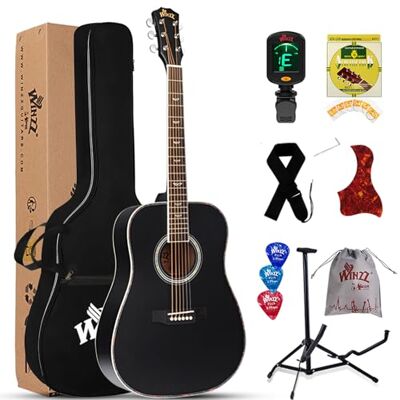 Winzz Akoestische gitaar voor volwassenen, 4/4 beginners, zwarte folk-gitaar met tas, stemapparaat, riem, plectrums, extra snaren en gitaarstandaard (maat 41 inch, mat) Winzz Akoestische gitaar voor volwassenen, 4/4 beginners, zwarte folk-gitaar met tas, stemapparaat, riem, plectrums, extra snaren en gitaarstandaard (maat 41 inch, mat)