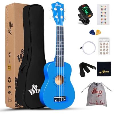 Winzz Starterset voor sopraanukelele voor beginners met tas, clip-on tuner, extra snaren, riem, plectrum, fretstickers, stemkaart, polijstdoek, blauw Winzz Starterset voor sopraanukelele voor beginners met tas, clip-on tuner, extra snaren, riem, plectrum, fretstickers, stemkaart, polijstdoek, blauw