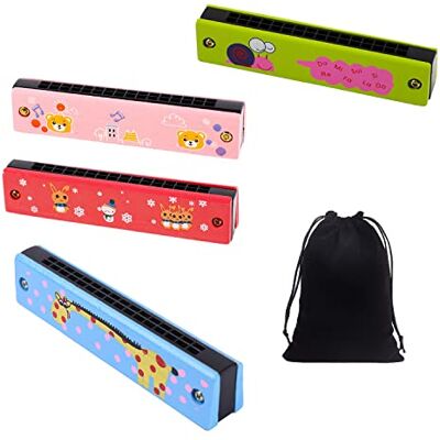 BEIIEB 4 stuks cartoon-mondharmonica voor kinderen, 16 gaten, dubbele rij, diatonische harp, mondharmonica van hout, met 4 opbergzakken voor beginners, kinderen, studenten BEIIEB 4 stuks cartoon-mondharmonica voor kinderen, 16 gaten, dubbele rij, diatonische harp, mondharmonica van hout, met 4 opbergzakken voor beginners, kinderen, studenten