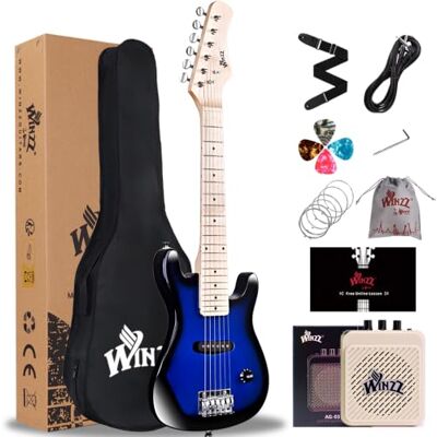 Winzz Elektrische mini-gitaar voor kinderen, 76 cm, esdoorn toets, elektrische gitaar voor beginners, met versterker, kleur: blauw Winzz Elektrische mini-gitaar voor kinderen, 76 cm, esdoorn toets, elektrische gitaar voor beginners, met versterker, kleur: blauw