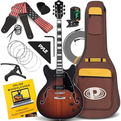 Pyle Elektrische gitaar met halfholle behuizing, gitaar, Jazz instrumentenset, volledige grootte, 106 cm, met draagtas, matte afwerking en zonsburst Pyle Elektrische gitaar met halfholle behuizing, gitaar, Jazz instrumentenset, volledige grootte, 106 cm, met draagtas, matte afwerking en zonsburst