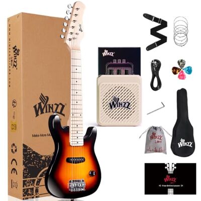 Winzz Elektrische mini-gitaar voor kinderen, 76 cm, esdoorn toets, elektrische gitaar voor beginners, met versterker (Sunburst) Winzz Elektrische mini-gitaar voor kinderen, 76 cm, esdoorn toets, elektrische gitaar voor beginners, met versterker (Sunburst)