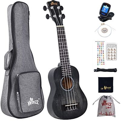 Winzz 21 "Ukulele Sopraan Beginners Kinderen Volwassenen, Zwarte Ukulele Kit Uniek Kleurenontwerp met 6 Accessoires Winzz 21 "Ukulele Sopraan Beginners Kinderen Volwassenen, Zwarte Ukulele Kit Uniek Kleurenontwerp met 6 Accessoires