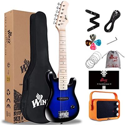 Winzz Elektrische mini-gitaar voor kinderen, 76 cm, esdoorn toets, elektrische gitaar voor beginners, met versterker, kleur: blauw Winzz Elektrische mini-gitaar voor kinderen, 76 cm, esdoorn toets, elektrische gitaar voor beginners, met versterker, kleur: blauw